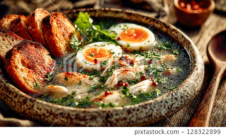 A hearty bowl of clear chicken soup topped with soft-boiled eggs, herbs, and roasted bread, presented in a rustic, appetizing setting 128322899