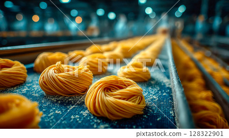 Fresh pasta nests on a production line, dusted with flour, under warm industrial lighting in a factory setting 128322901