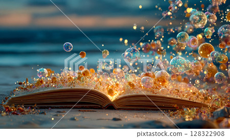 An old open book emits glowing clouds and sparkling bubbles, creating a dreamy magical atmosphere of imagination and storytelling 128322908
