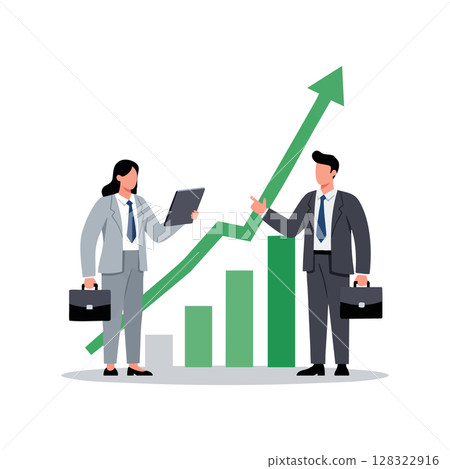 Business professionals analyzing growth chart with upward arrow and briefcases vector illustration Business professionals analyzing growth chart with upward arrow and briefcases vector illustration 128322916