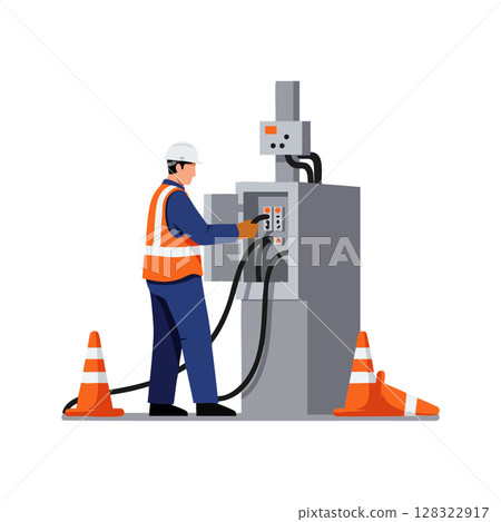Worker operating electric charging station with safety cones and high visibility vest vector illustration 128322917