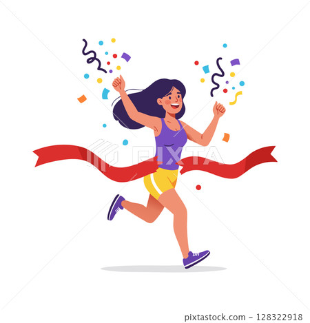 Woman running marathon crossing finish line with confetti and celebration vector illustration Woman running marathon crossing finish line with confetti and celebration vector illustration 128322918