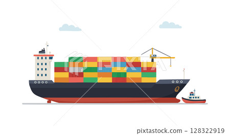 Cargo container ship with tugboat transporting multicolored shipping containers vector illustration 128322919
