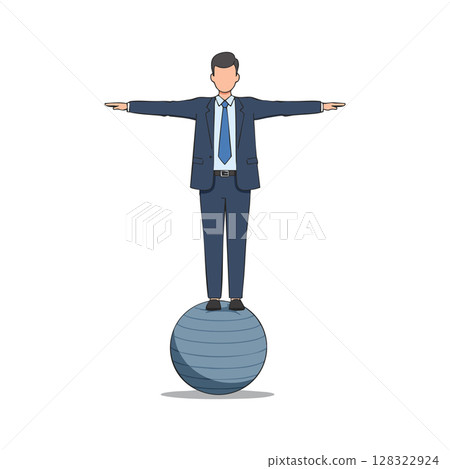 Businessman balancing on exercise ball in blue suit and tie vector illustration 128322924