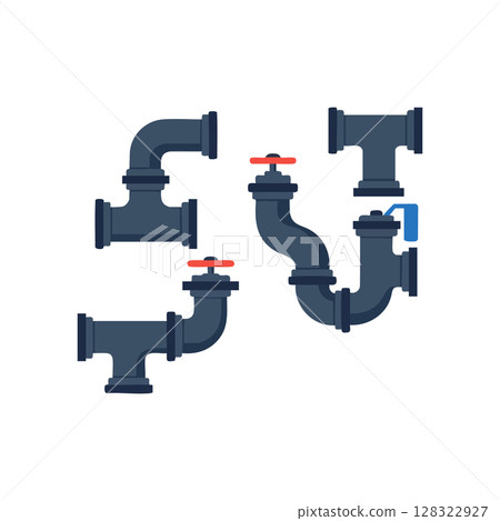 Plumbing pipe connectors with valves and elbow joints vector illustration set Plumbing pipe connectors with valves and elbow joints vector illustration set 128322927