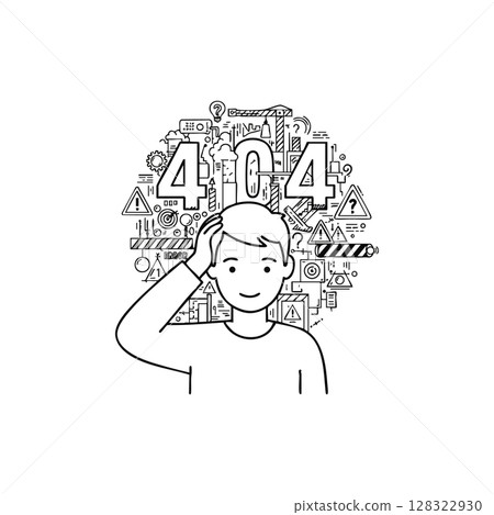 Confused person with 404 error page line art vector illustration concept Confused person with 404 error page line art vector illustration concept 128322930