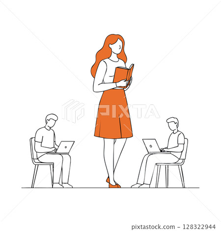 Woman standing reading book with two men sitting working on laptops vector illustration 128322944