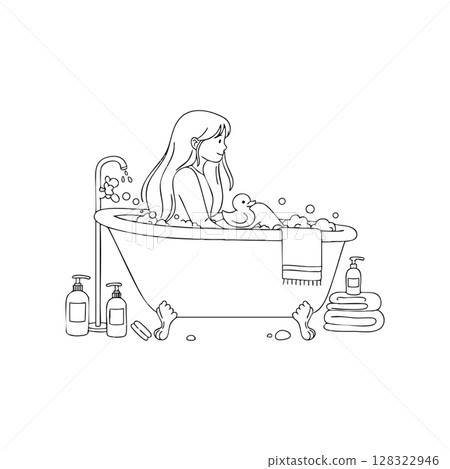 Woman Relaxing in Bathtub with Bubbles and Rubber Duck Vector Illustration Woman Relaxing in Bathtub with Bubbles and Rubber Duck Vector Illustration 128322946