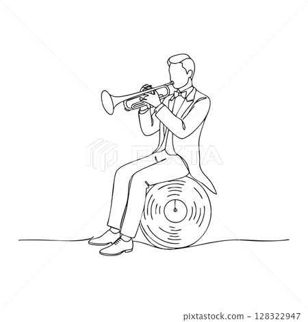 Male trumpet player sitting on wooden log line art vector illustration 128322947