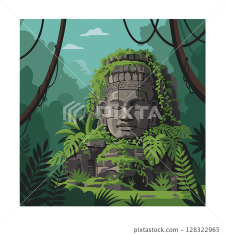 Ancient stone face statue overgrown with green tropical plants in jungle environment vector illustration 128322965
