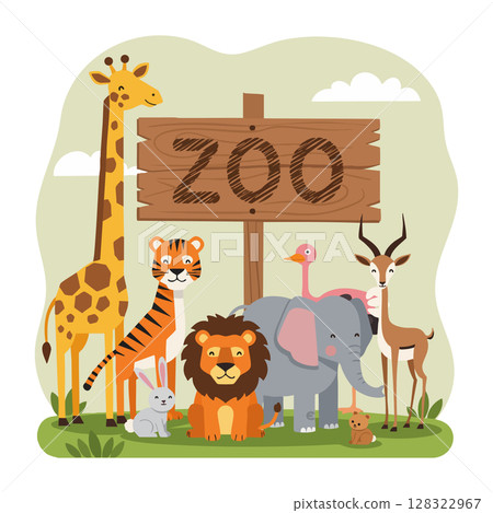 Zoo animals group with giraffe tiger lion elephant and antelope vector illustration 128322967