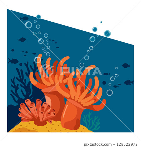 Underwater coral reef with orange sea anemones and bubbles ocean life vector illustration 128322972