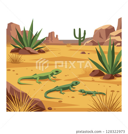 Desert landscape with green lizards and cacti in arid environment illustration vector 128322973