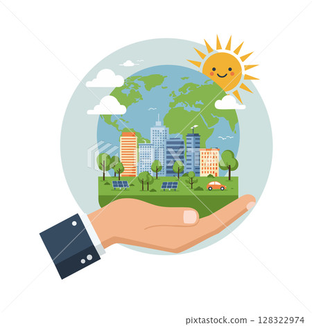 Hand Holding Sustainable City with Solar Panels and Smiling Sun Vector Illustration 128322974