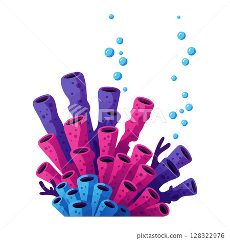 Colorful underwater coral reef tube sponges with rising bubbles vector illustration 128322976