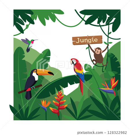 Jungle exotic birds and monkey tropical rainforest wildlife vector illustration 128322982