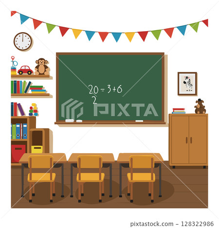 Classroom Interior with Chalkboard and Educational Toys in Learning Environment Classroom Interior with Chalkboard and Educational Toys in Learning Environment 128322986