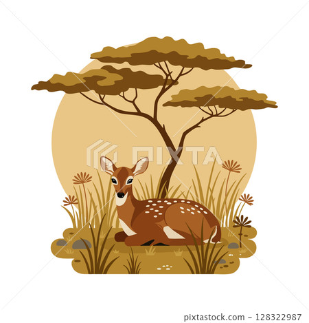 Deer resting under acacia tree with golden sun and brown grass vector illustration Deer resting under acacia tree with golden sun and brown grass vector illustration 128322987