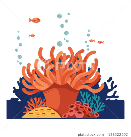 Sea anemone coral reef underwater marine life ecosystem with fish and bubbles vector illustration Sea anemone coral reef underwater marine life ecosystem with fish and bubbles vector illustration 128322992