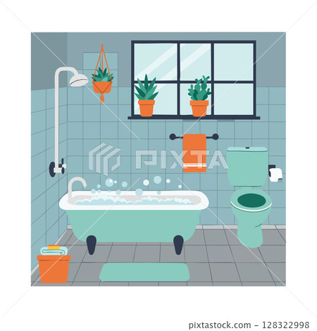 Bathroom interior with bathtub toilet plants and orange towel in modern style vector illustration 128322998