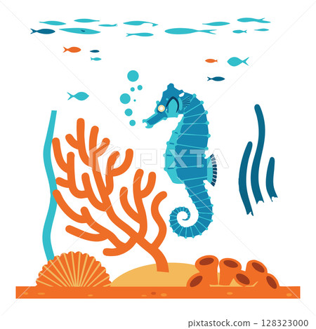 Underwater seahorse coral reef ocean life vector illustration in blue and orange colors 128323000