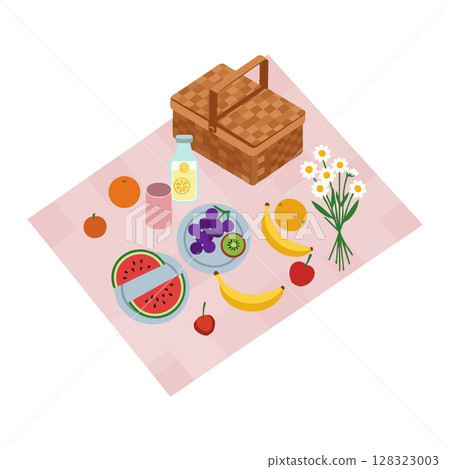 Picnic basket with fresh fruits and juice on checkered blanket vector illustration Picnic basket with fresh fruits and juice on checkered blanket vector illustration 128323003