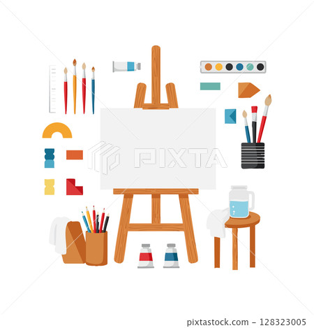 Artist Painting Tools and Canvas with Easel and Brushes for Creative Art Workstation Vector Illustration 128323005
