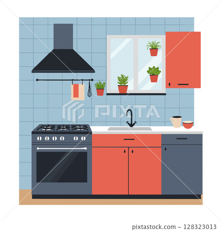 Modern kitchen interior with stove sink cabinets and window plants vector illustration Modern kitchen interior with stove sink cabinets and window plants vector illustration 128323013