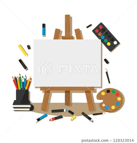 Blank canvas and art supplies with wooden easel and colorful pencils vector illustration 128323014