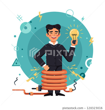 Man holding light bulb surrounded by coil and electric symbols creative idea vector illustration Man holding light bulb surrounded by coil and electric symbols creative idea vector illustration 128323016