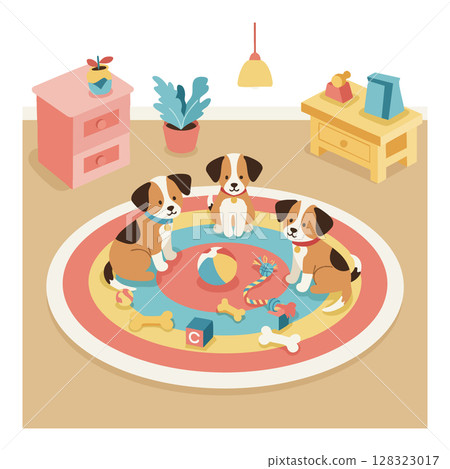 Three playful puppies sitting on colorful round rug with toys in cozy living room vector illustration 128323017