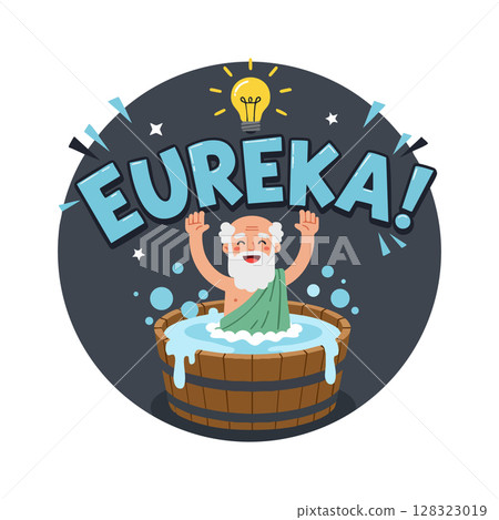 Archimedes Eureka moment discovery in wooden bathtub with light bulb vector illustration Archimedes Eureka moment discovery in wooden bathtub with light bulb vector illustration 128323019