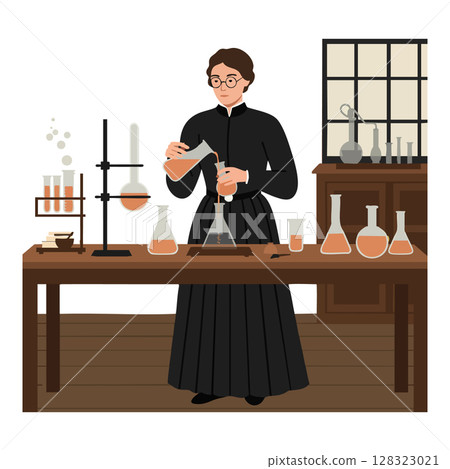 Female scientist working with chemistry glassware in vintage laboratory vector illustration 128323021