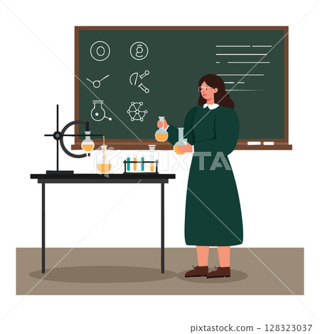 Female Scientist Working with Chemistry Equipment in Laboratory Classroom Vector Illustration 128323037
