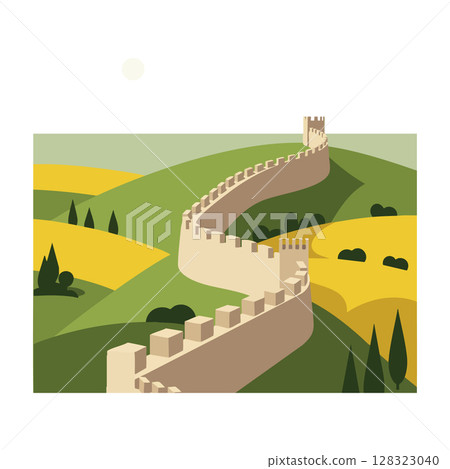 Great Wall of China winding through green hills and yellow fields vector illustration 128323040