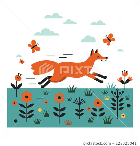 Fox running through flowers with butterflies in a spring meadow vector illustration 128323041