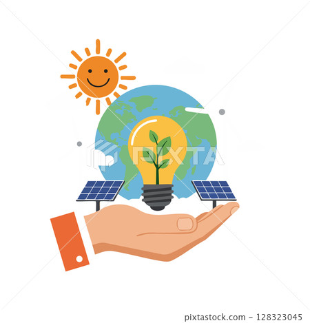 Energy saving concept with solar panels earth and light bulb green plant vector illustration Energy saving concept with solar panels earth and light bulb green plant vector illustration 128323045