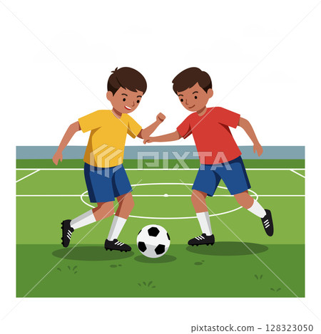 Boys Playing Soccer on Green Field in Sunny Outdoor Sports Scene Vector Illustration Boys Playing Soccer on Green Field in Sunny Outdoor Sports Scene Vector Illustration 128323050