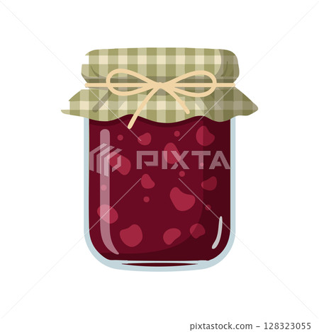 Jar of homemade red berry jam with green checkered cloth cover and twine bow vector illustration 128323055