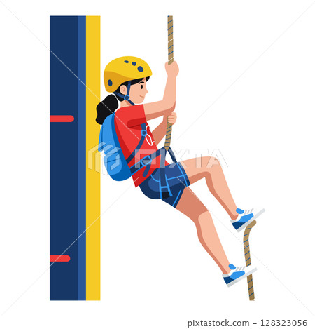 Girl Climbing Rope Wall Wearing Helmet and Backpack in Sport Activity Illustration Girl Climbing Rope Wall Wearing Helmet and Backpack in Sport Activity Illustration 128323056