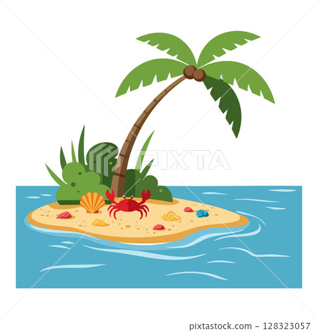 Tropical island with palm tree crab shells and ocean waves vector illustration Tropical island with palm tree crab shells and ocean waves vector illustration 128323057