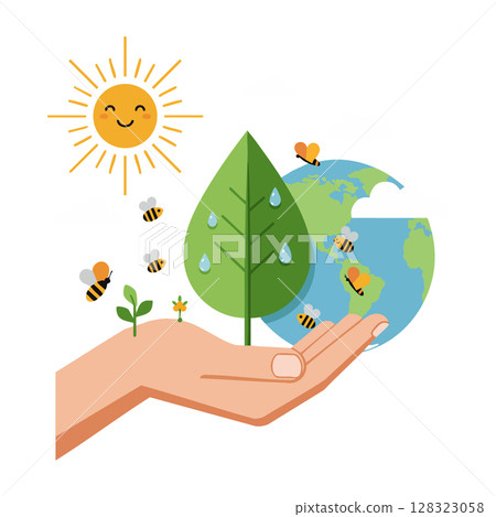 Hand Holding Green Leaf Earth Globe Bees and Sun Vector Illustration for Environmental Care and Nature Protection 128323058