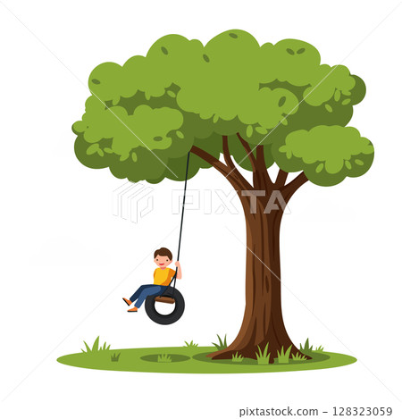Child swinging on tire swing hanging from large green tree in park vector illustration 128323059