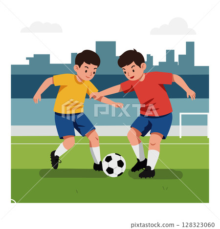 Boys Playing Football on Green Field with City Skyline Background Vector Illustration 128323060