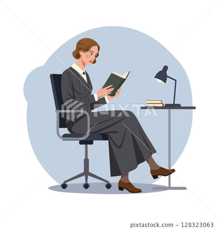 Woman Reading Book on Office Chair at Desk with Lamp and Books Vector Illustration Woman Reading Book on Office Chair at Desk with Lamp and Books Vector Illustration 128323063