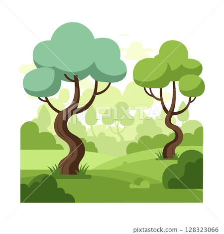 Green Trees Landscape Vector Illustration with Rolling Hills and Bushes in Nature Scene 128323066