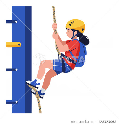 Child climbing rope wall wearing helmet and safety harness outdoor activity vector illustration 128323068