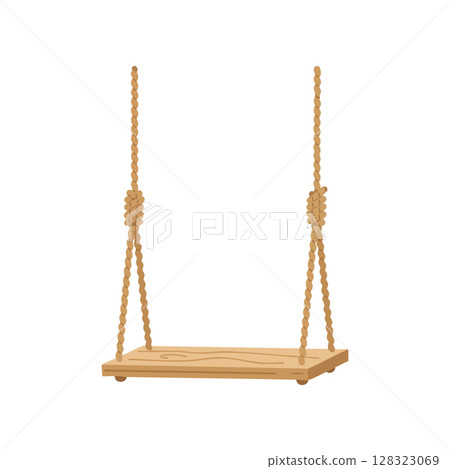 Wooden swing with rope hanging simple natural playground equipment vector illustration Wooden swing with rope hanging simple natural playground equipment vector illustration 128323069
