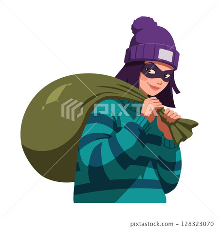 Woman Wearing Purple Beanie Carrying Large Green Sack in Striped Sweater Vector Illustration Woman Wearing Purple Beanie Carrying Large Green Sack in Striped Sweater Vector Illustration 128323070