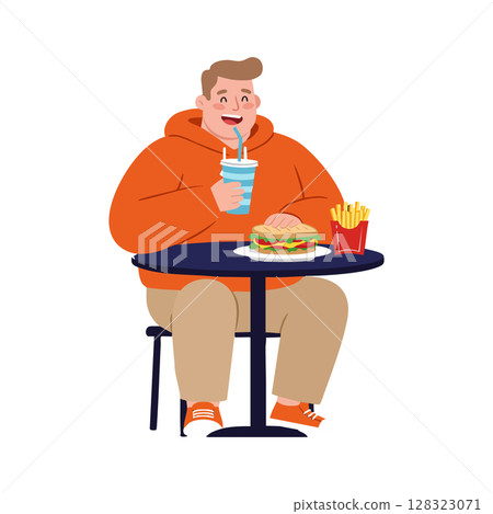 Man Eating Fast Food Burger Fries and Drink at Table Casual Meal Vector Illustration 128323071